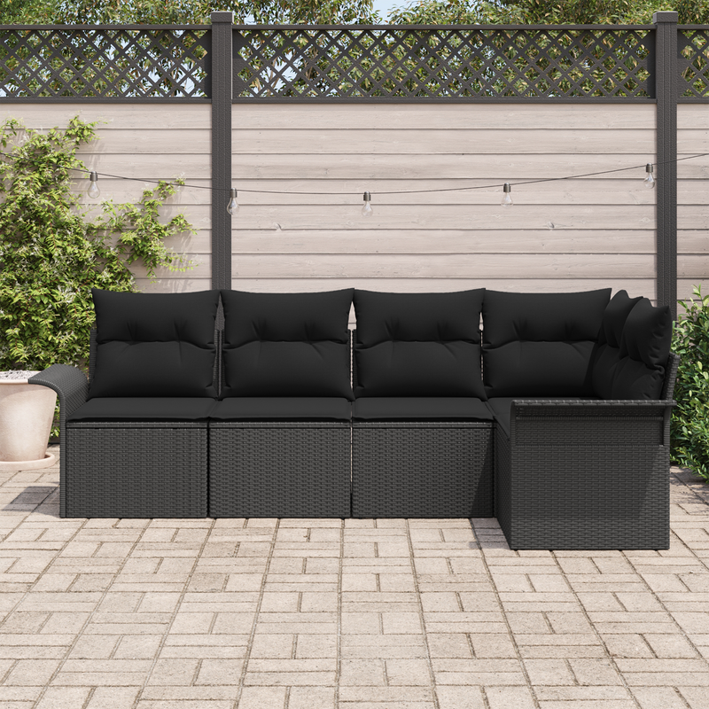 5 Piece Garden Sofa Set with Cushions Black Poly Rattan