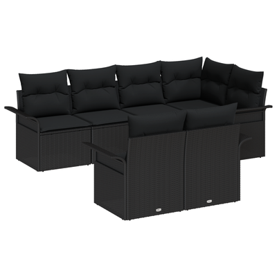 7 Piece Garden Sofa Set with Cushions Black Poly Rattan
