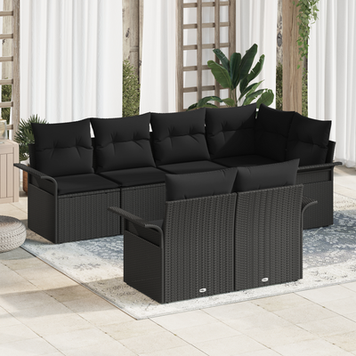 7 Piece Garden Sofa Set with Cushions Black Poly Rattan