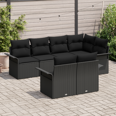 7 Piece Garden Sofa Set with Cushions Black Poly Rattan