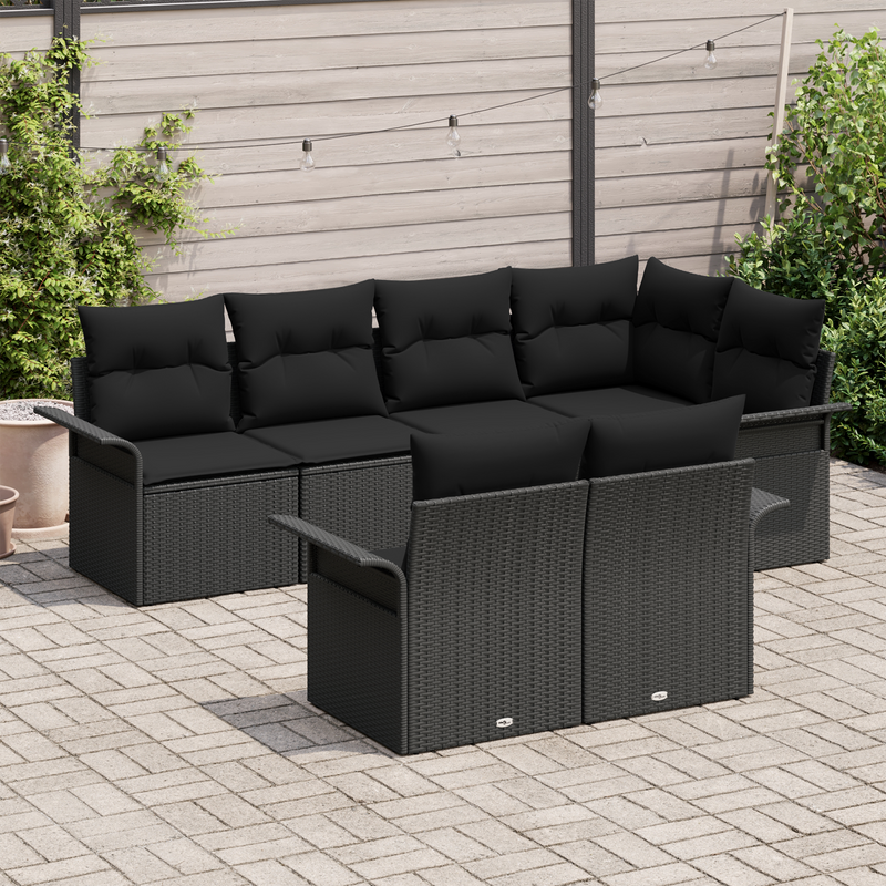 7 Piece Garden Sofa Set with Cushions Black Poly Rattan