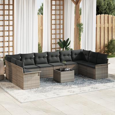 10 Piece Garden Sofa Set with Cushions Grey Poly Rattan