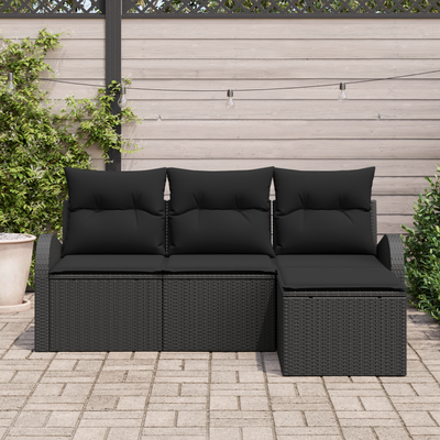 4 Piece Garden Sofa Set with Cushions Black Poly Rattan