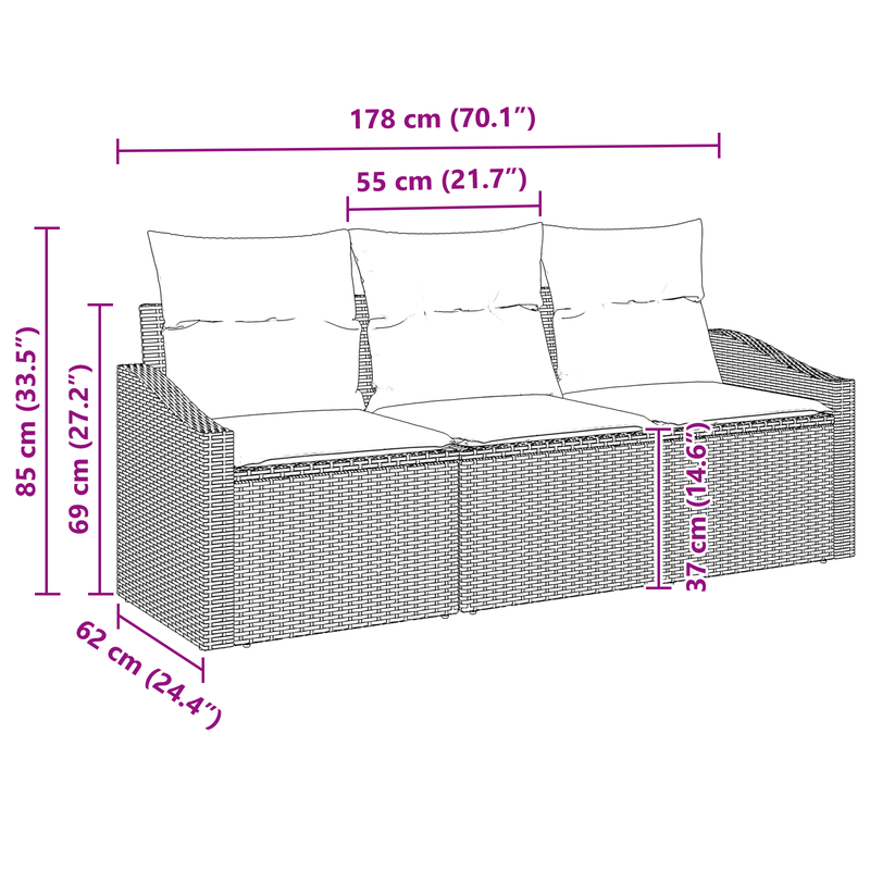 3 Piece Garden Sofa Set with Cushions Grey Poly Rattan