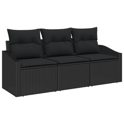 3 Piece Garden Sofa Set with Cushions Black Poly Rattan