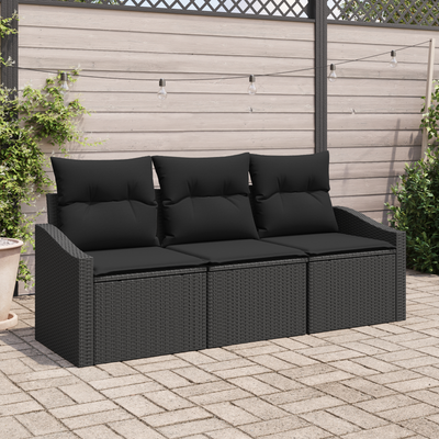 3 Piece Garden Sofa Set with Cushions Black Poly Rattan