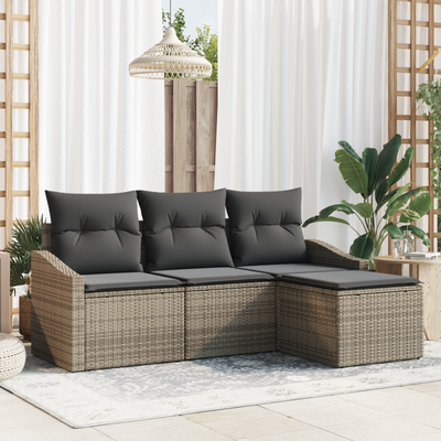 4 Piece Garden Sofa Set with Cushions Grey Poly Rattan