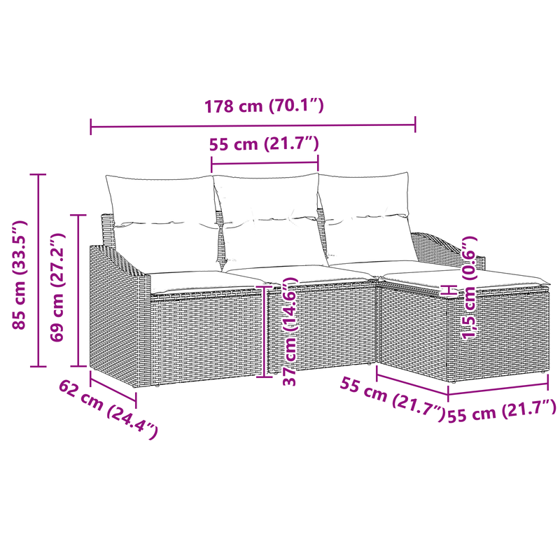 4 Piece Garden Sofa Set with Cushions Grey Poly Rattan