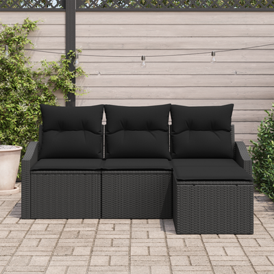 4 Piece Garden Sofa Set with Cushions Black Poly Rattan