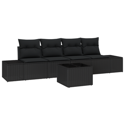 5 Piece Garden Sofa Set with Cushions Black Poly Rattan