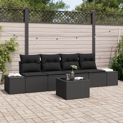 5 Piece Garden Sofa Set with Cushions Black Poly Rattan