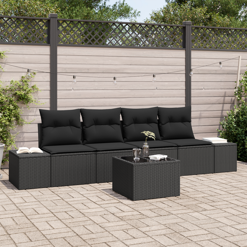 5 Piece Garden Sofa Set with Cushions Black Poly Rattan