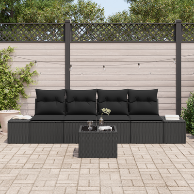 5 Piece Garden Sofa Set with Cushions Black Poly Rattan