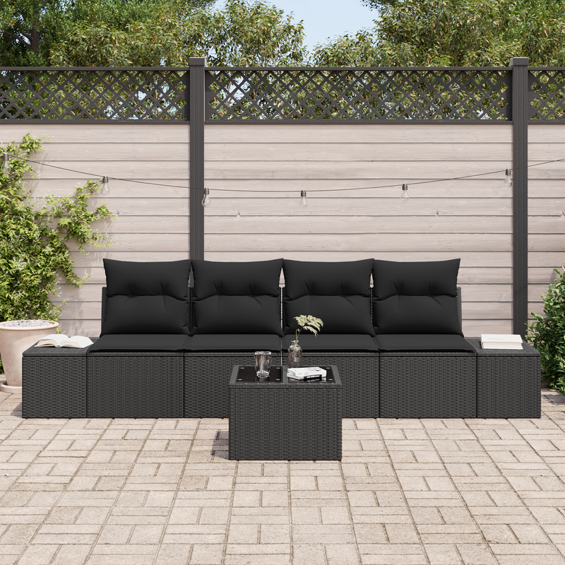 5 Piece Garden Sofa Set with Cushions Black Poly Rattan