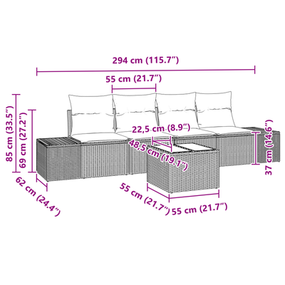 5 Piece Garden Sofa Set with Cushions Black Poly Rattan