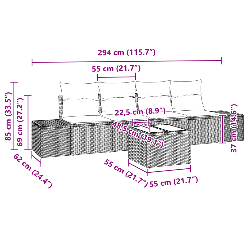 5 Piece Garden Sofa Set with Cushions Black Poly Rattan
