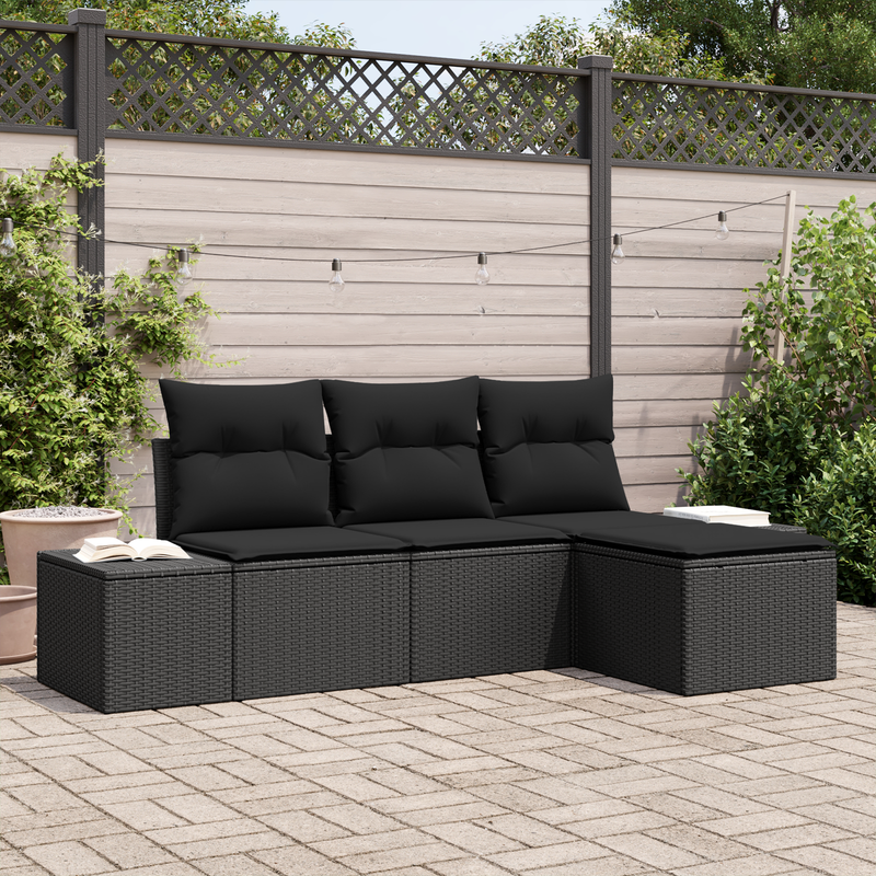 4 Piece Garden Sofa Set with Cushions Black Poly Rattan