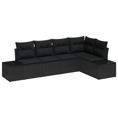 5 Piece Garden Sofa Set with Cushions Black Poly Rattan