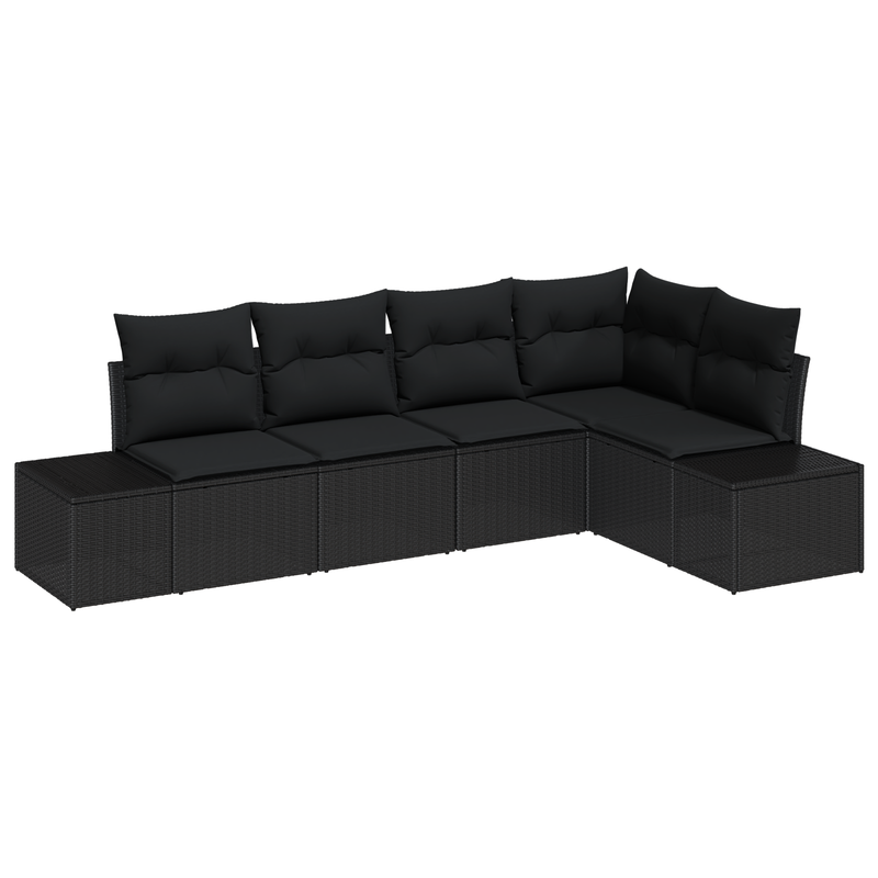 5 Piece Garden Sofa Set with Cushions Black Poly Rattan