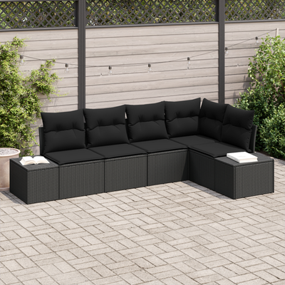 5 Piece Garden Sofa Set with Cushions Black Poly Rattan