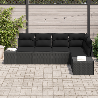 5 Piece Garden Sofa Set with Cushions Black Poly Rattan