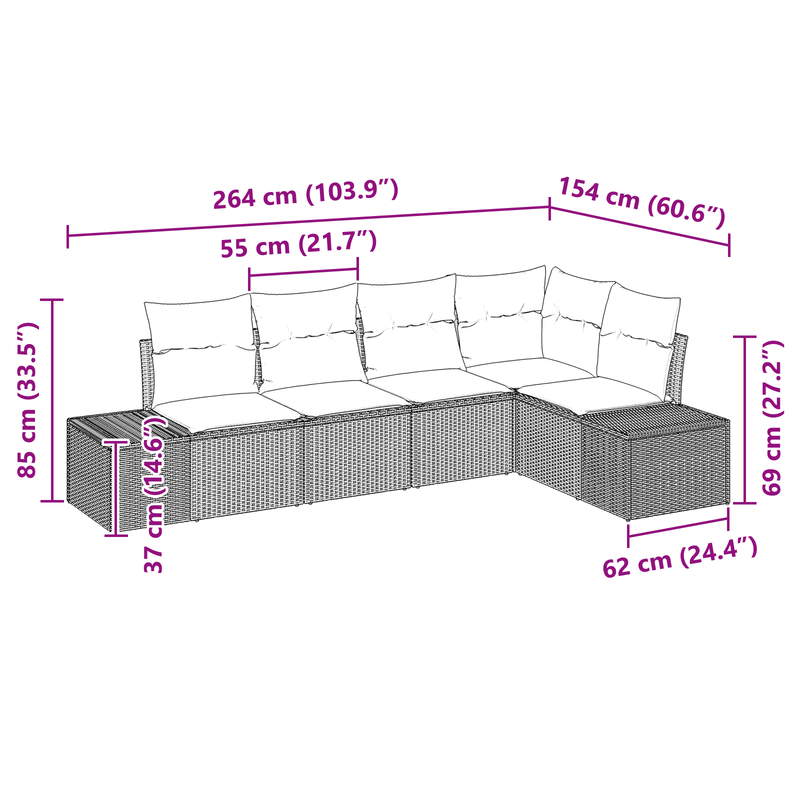 5 Piece Garden Sofa Set with Cushions Black Poly Rattan