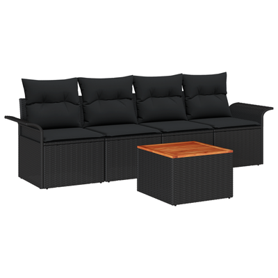 5 Piece Garden Sofa Set with Cushions Black Poly Rattan Acacia