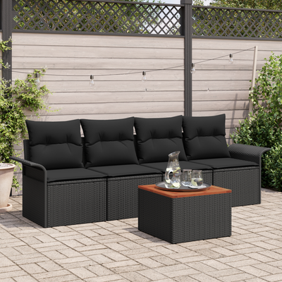 5 Piece Garden Sofa Set with Cushions Black Poly Rattan Acacia