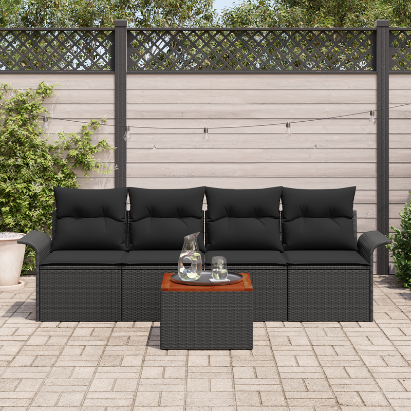 5 Piece Garden Sofa Set with Cushions Black Poly Rattan Acacia