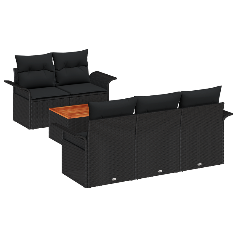 6 Piece Garden Sofa Set with Cushions Black Poly Rattan Acacia