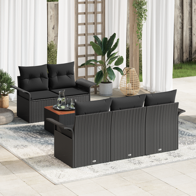 6 Piece Garden Sofa Set with Cushions Black Poly Rattan Acacia