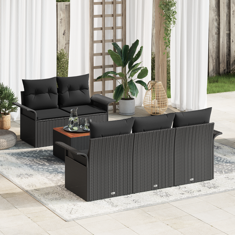 6 Piece Garden Sofa Set with Cushions Black Poly Rattan Acacia