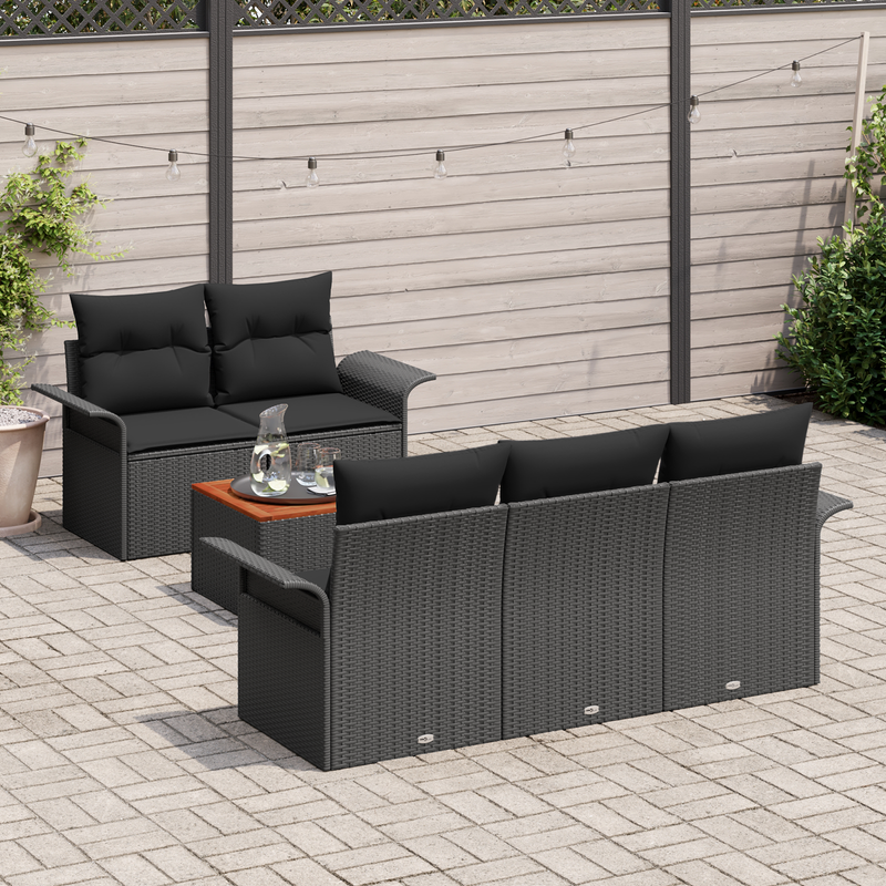 6 Piece Garden Sofa Set with Cushions Black Poly Rattan Acacia