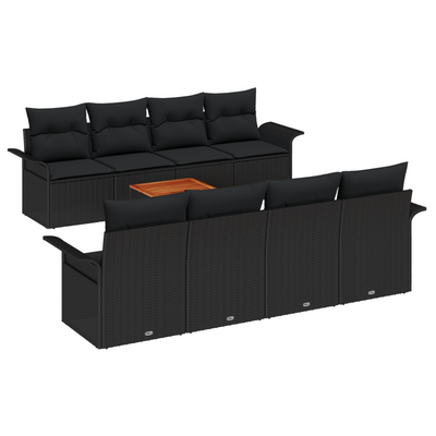 9 Piece Garden Sofa Set with Cushions Black Poly Rattan Acacia