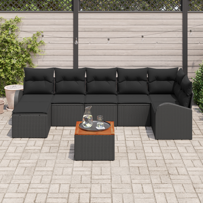 8 Piece Garden Sofa Set with Cushions Black Poly Rattan Acacia