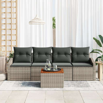 5 Piece Garden Sofa Set with Cushions Grey Poly Rattan Acacia