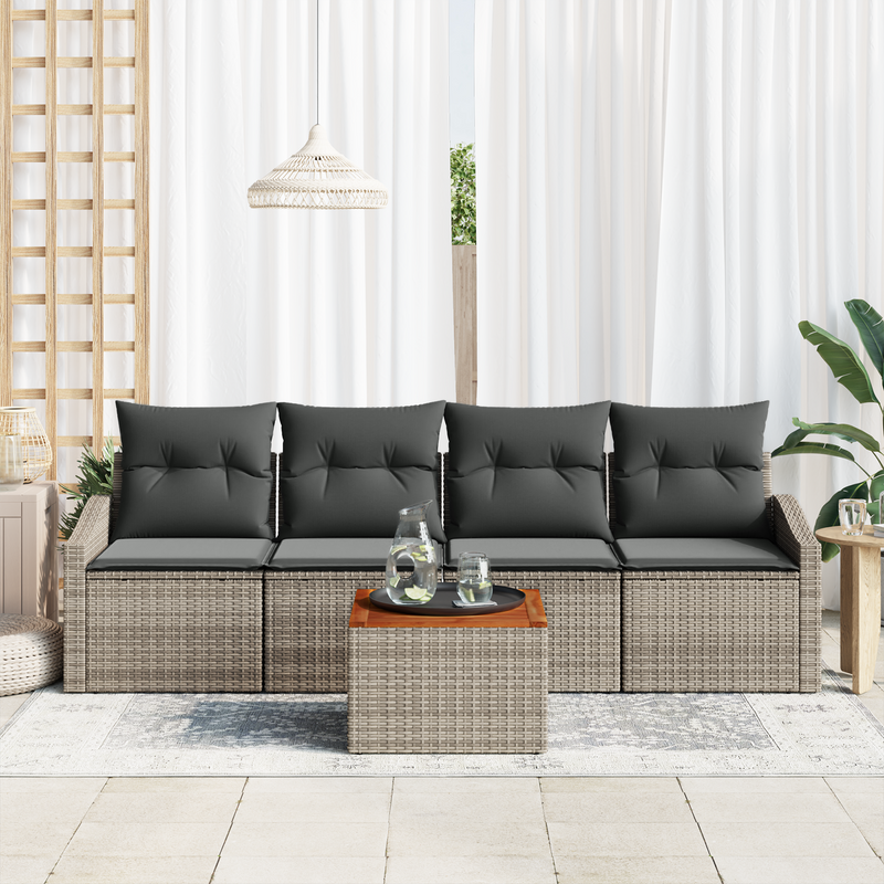 5 Piece Garden Sofa Set with Cushions Grey Poly Rattan Acacia