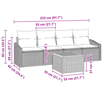 5 Piece Garden Sofa Set with Cushions Grey Poly Rattan Acacia