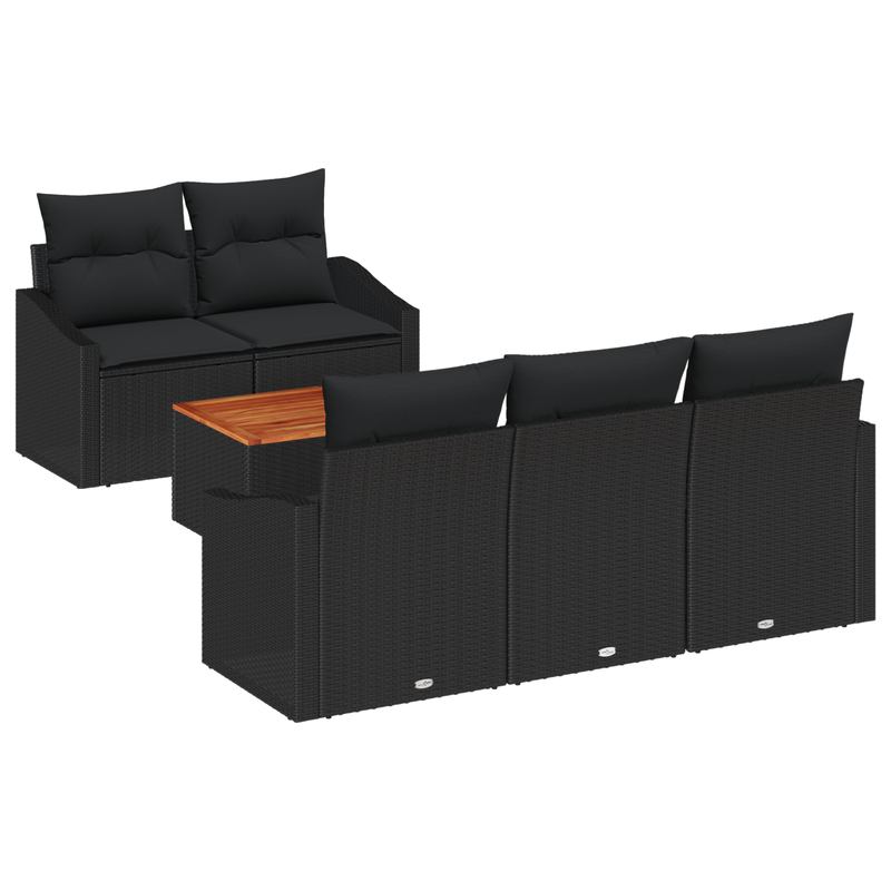 6 Piece Garden Sofa Set with Cushions Black Poly Rattan Acacia