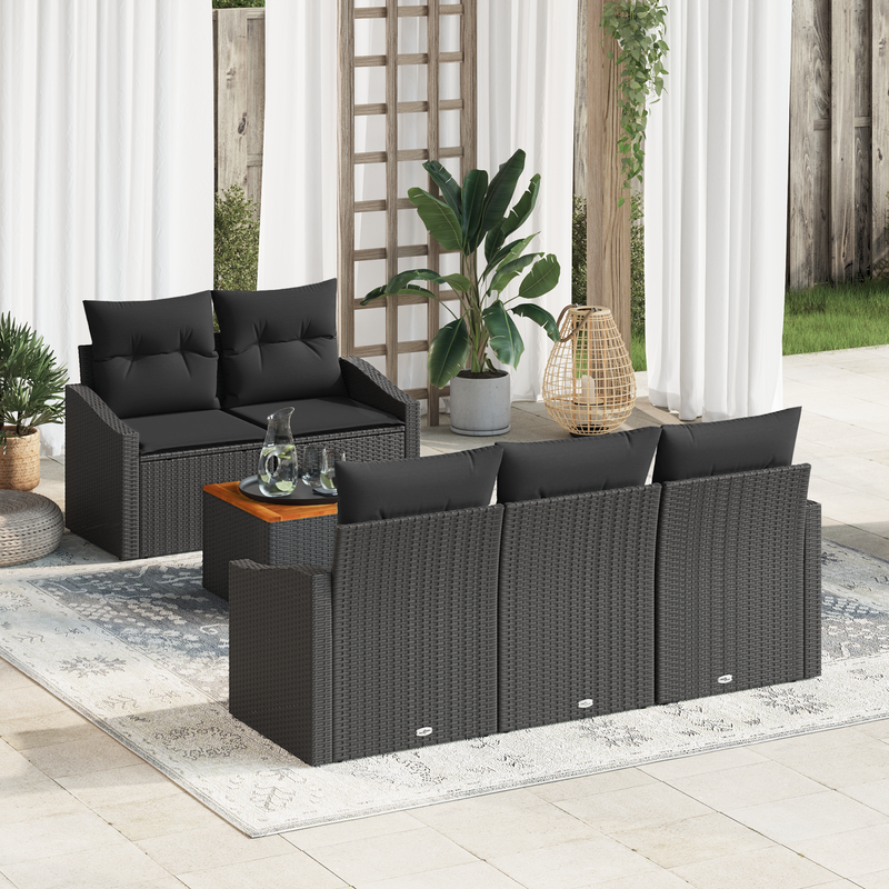 6 Piece Garden Sofa Set with Cushions Black Poly Rattan Acacia