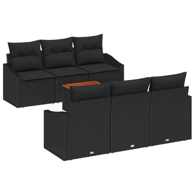 7 Piece Garden Sofa Set with Cushions Black Poly Rattan Acacia