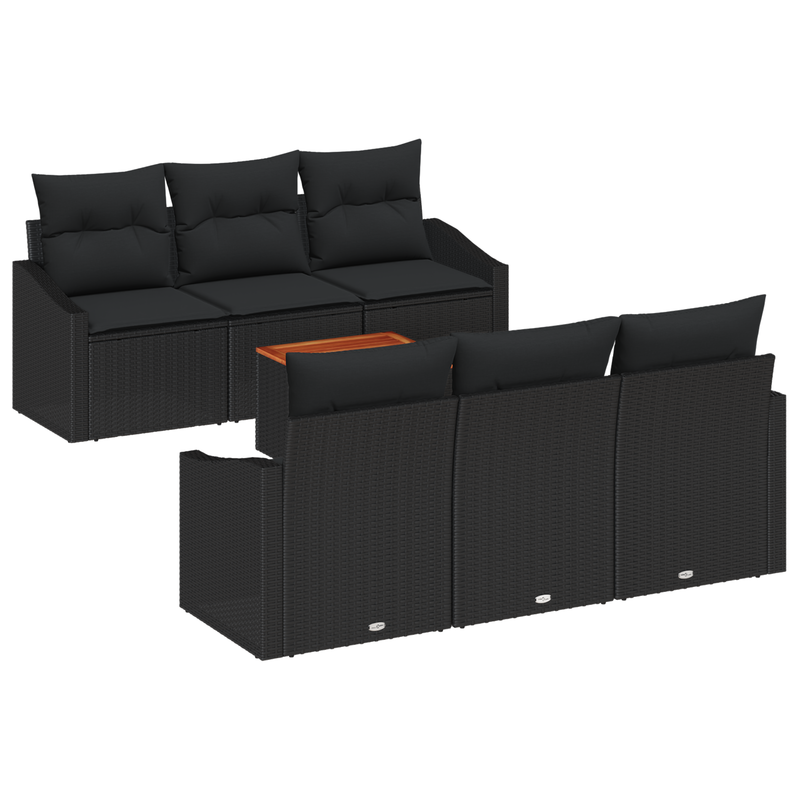 7 Piece Garden Sofa Set with Cushions Black Poly Rattan Acacia