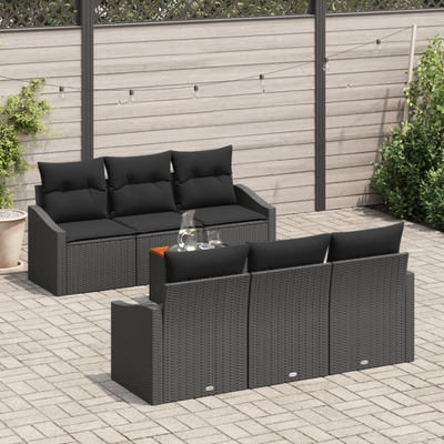 7 Piece Garden Sofa Set with Cushions Black Poly Rattan Acacia