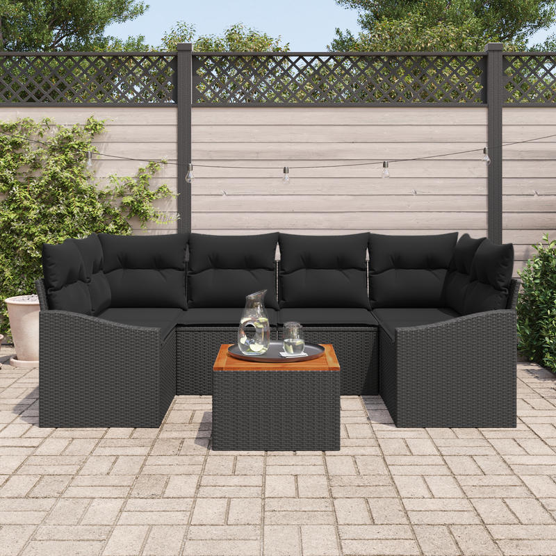 7 Piece Garden Sofa Set with Cushions Black Poly Rattan Acacia