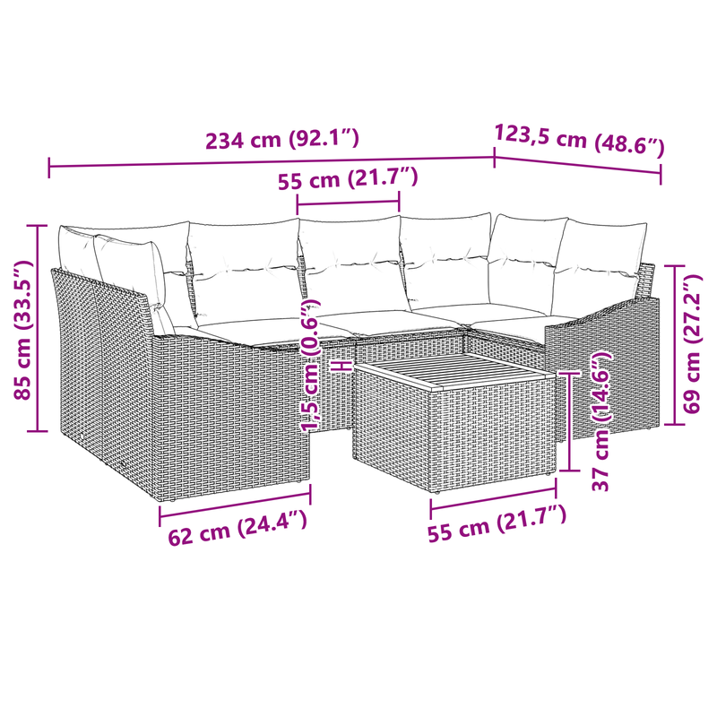 7 Piece Garden Sofa Set with Cushions Black Poly Rattan Acacia