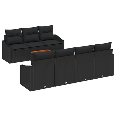 8 Piece Garden Sofa Set with Cushions Black Poly Rattan Acacia