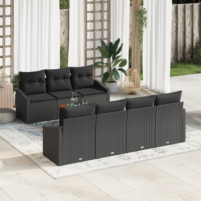 8 Piece Garden Sofa Set with Cushions Black Poly Rattan Acacia