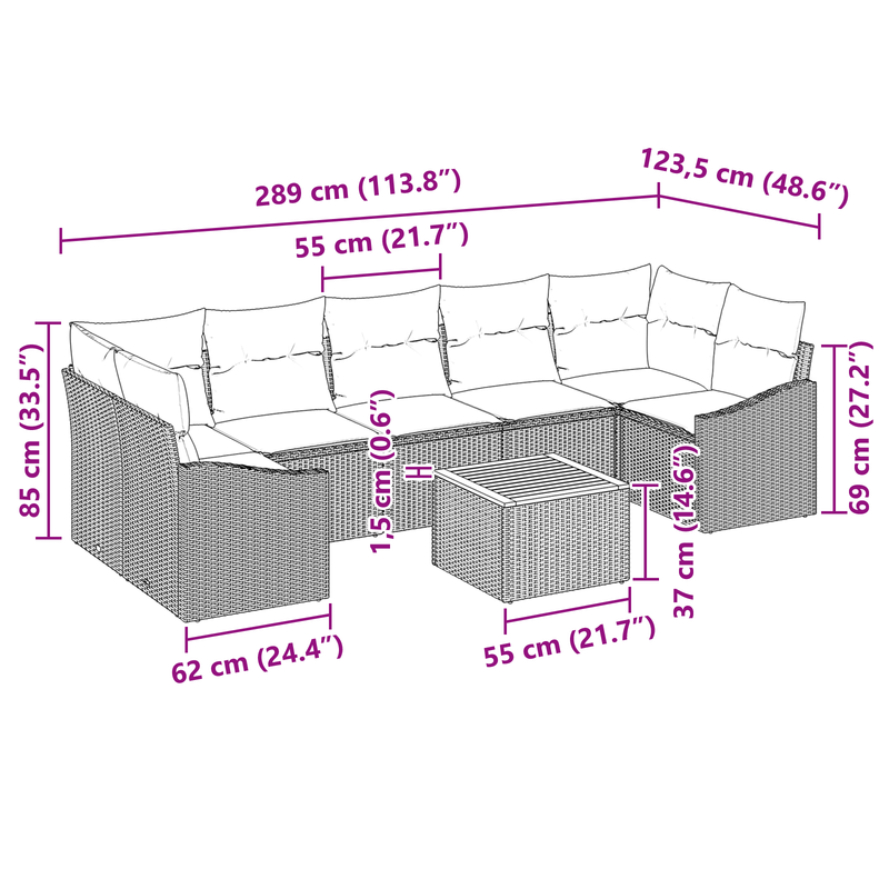 8 Piece Garden Sofa Set with Cushions Grey Poly Rattan Acacia