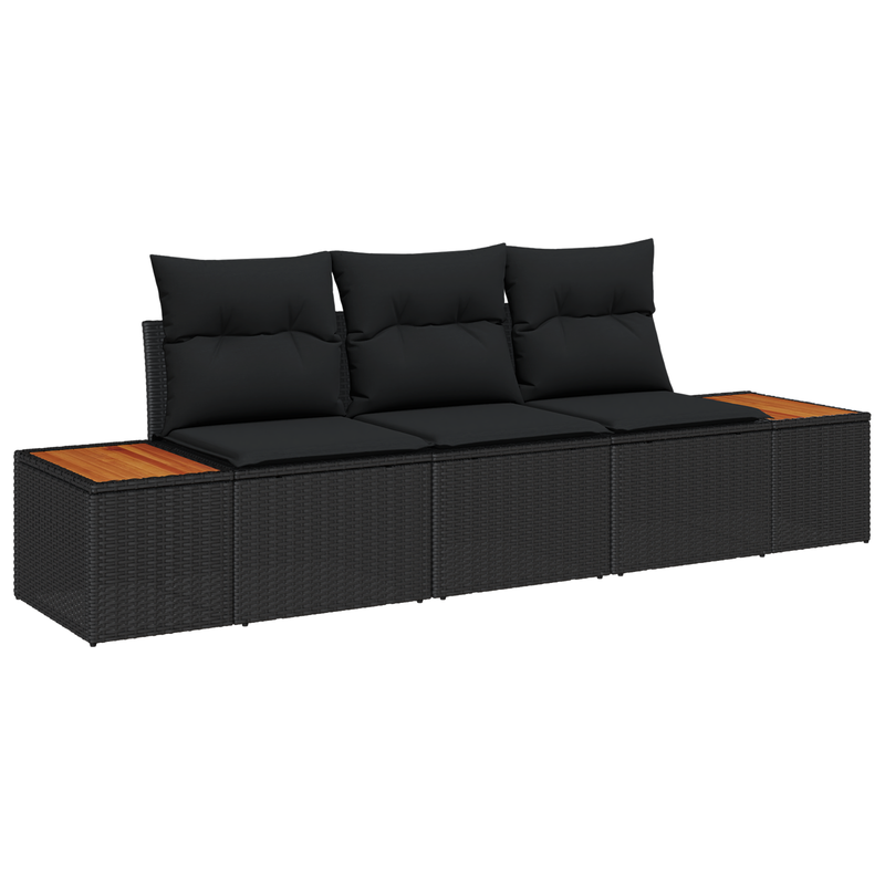3 Piece Garden Sofa Set with Cushions Black Poly Rattan Acacia