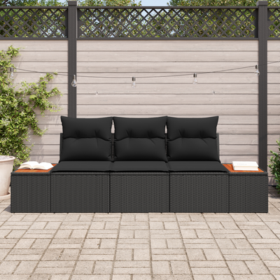 3 Piece Garden Sofa Set with Cushions Black Poly Rattan Acacia